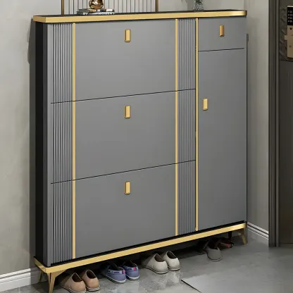 Large Entryway Grey Wooden Shoe Storage with Gold Trim Image - 7