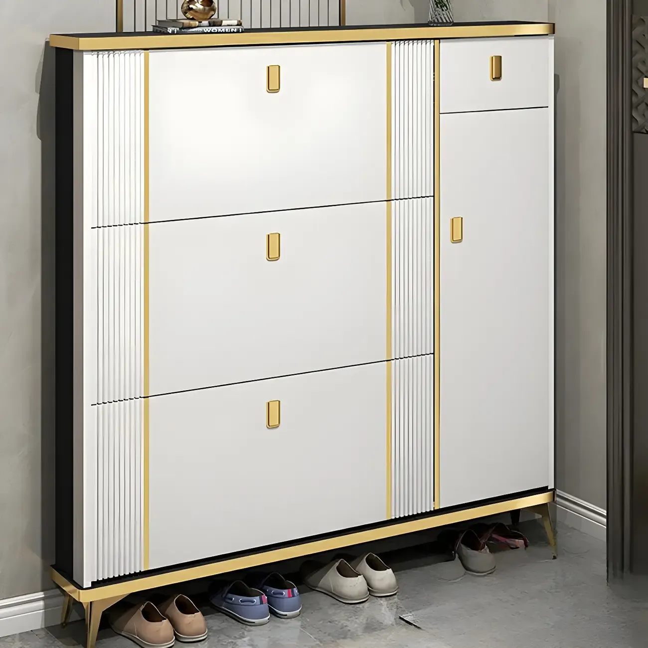 Large Entryway Grey Wooden Shoe Storage with Gold Trim Image - 10