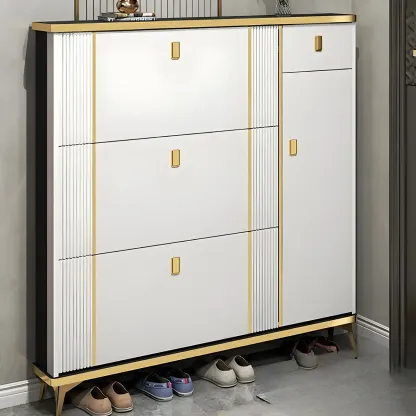 Large Entryway Grey Wooden Shoe Storage with Gold Trim Image - 10