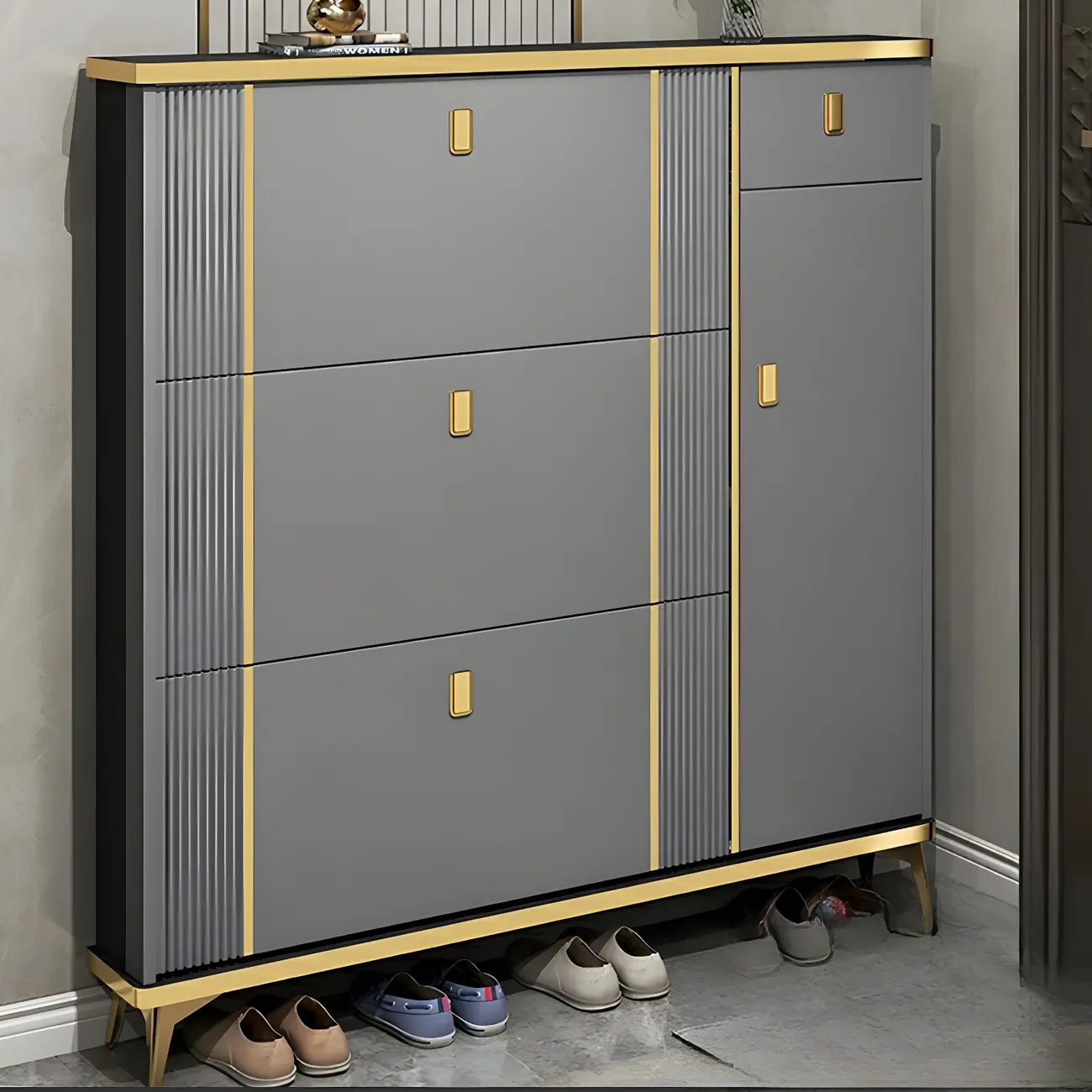 Large Entryway Grey Wooden Shoe Storage with Gold Trim Image - 11 | homeyfad