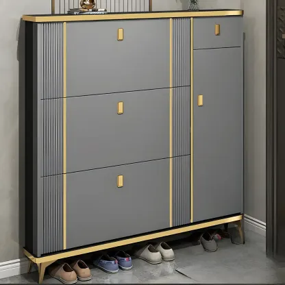 Large Entryway Grey Wooden Shoe Storage with Gold Trim Image - 11