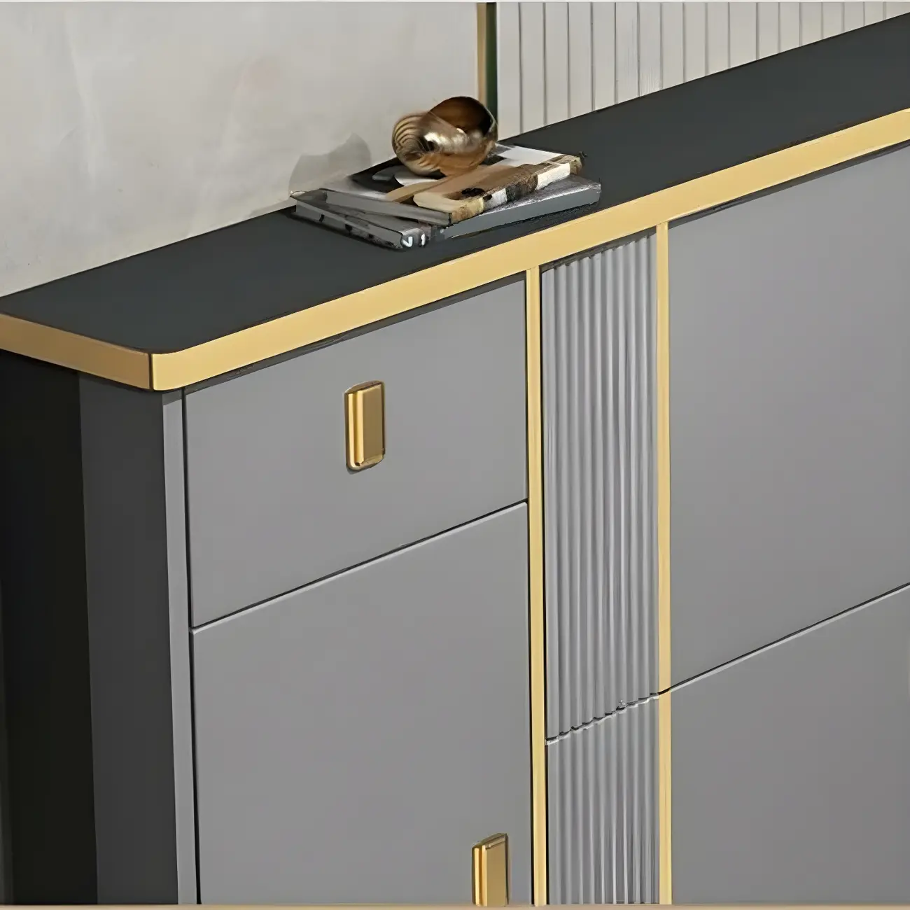 Large Entryway Grey Wooden Shoe Storage with Gold Trim Image - 12 | homeyfad