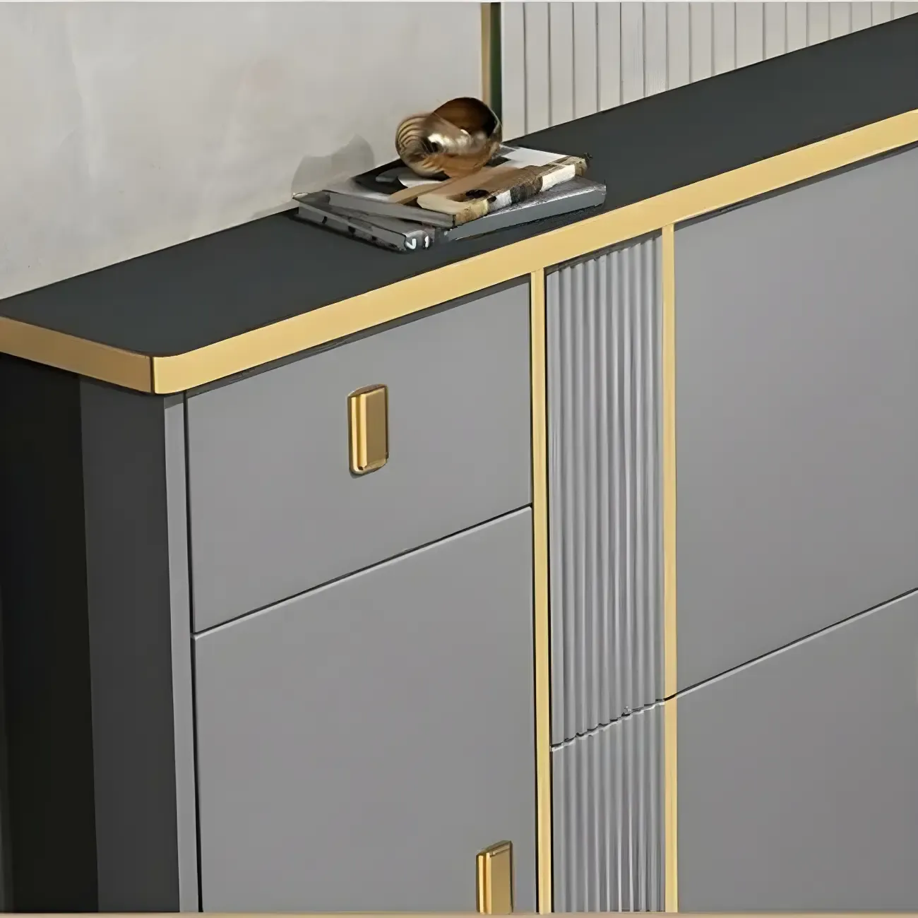 Large Entryway Grey Wooden Shoe Storage with Gold Trim Image - 12