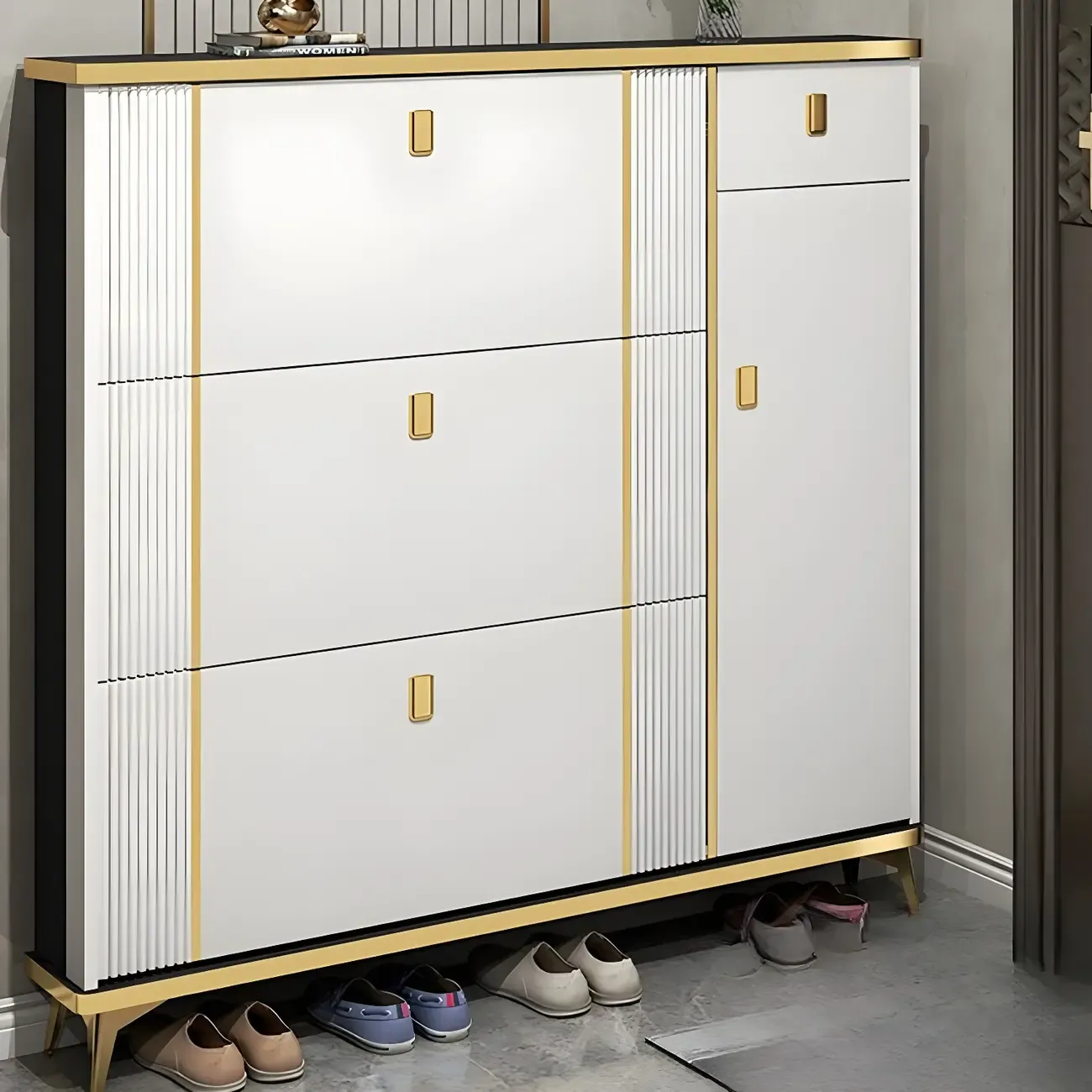 Large Entryway Grey Wooden Shoe Storage with Gold Trim Image - 13