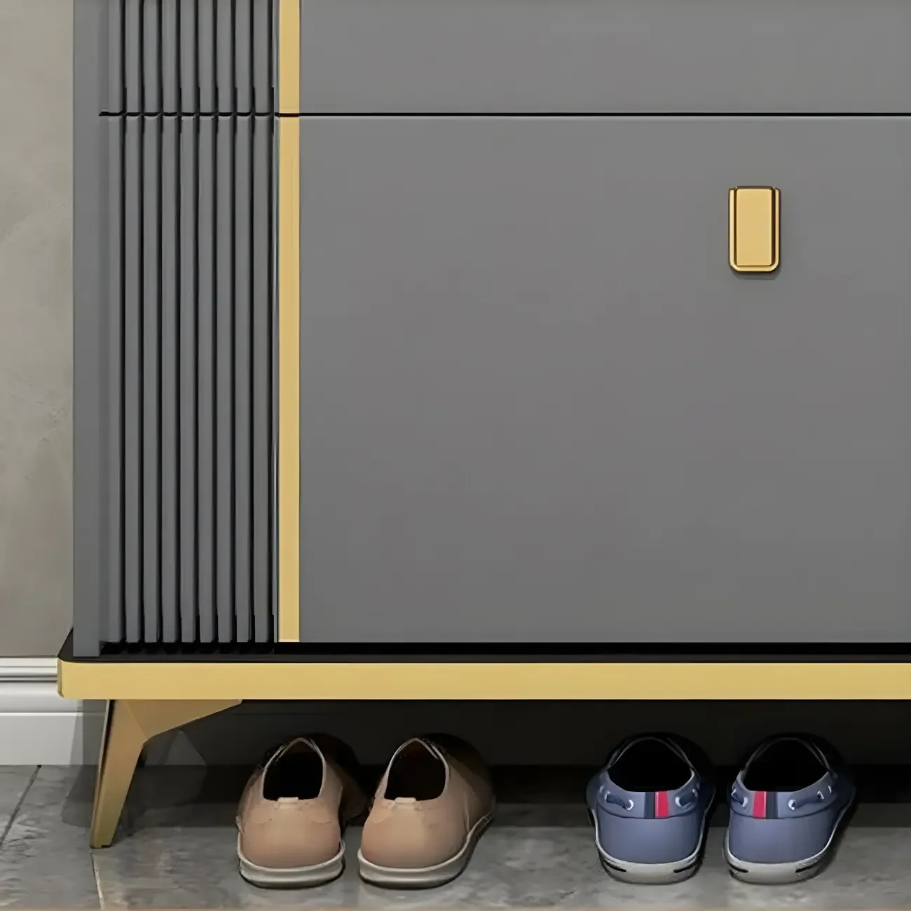 Large Entryway Grey Wooden Shoe Storage with Gold Trim Image - 14