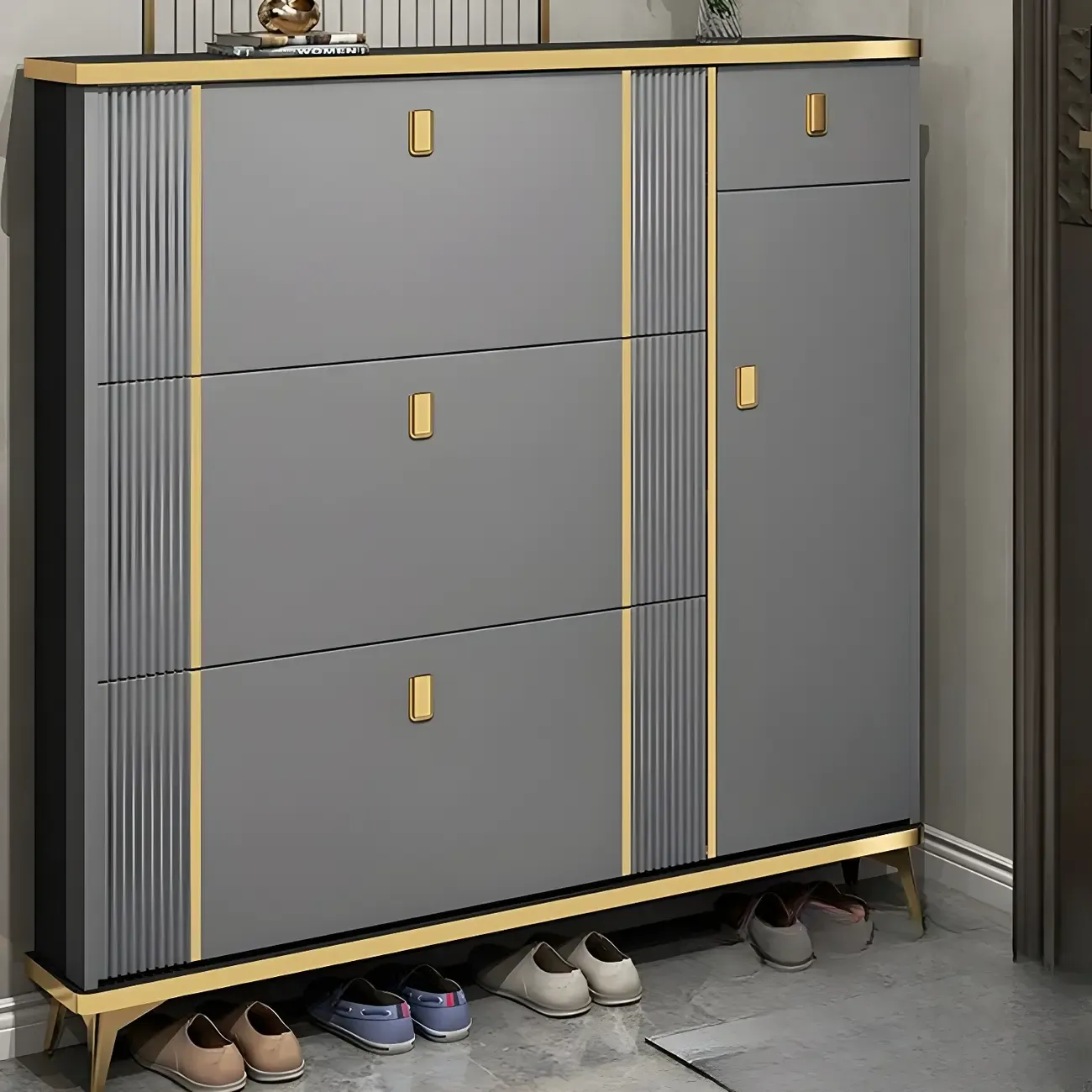 Large Entryway Grey Wooden Shoe Storage with Gold Trim Image - 16