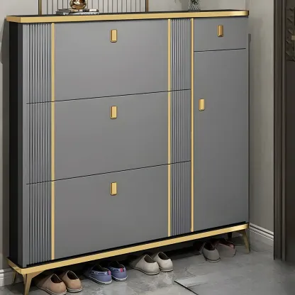 Large Entryway Grey Wooden Shoe Storage with Gold Trim Image - 16