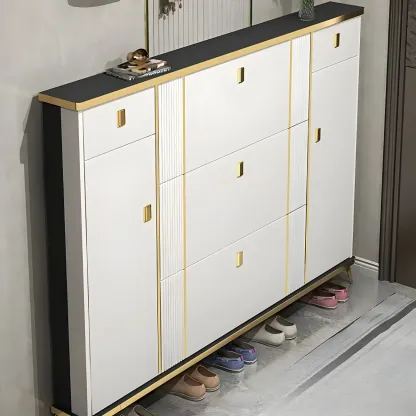 Large Entryway Grey Wooden Shoe Storage with Gold Trim Image - 17