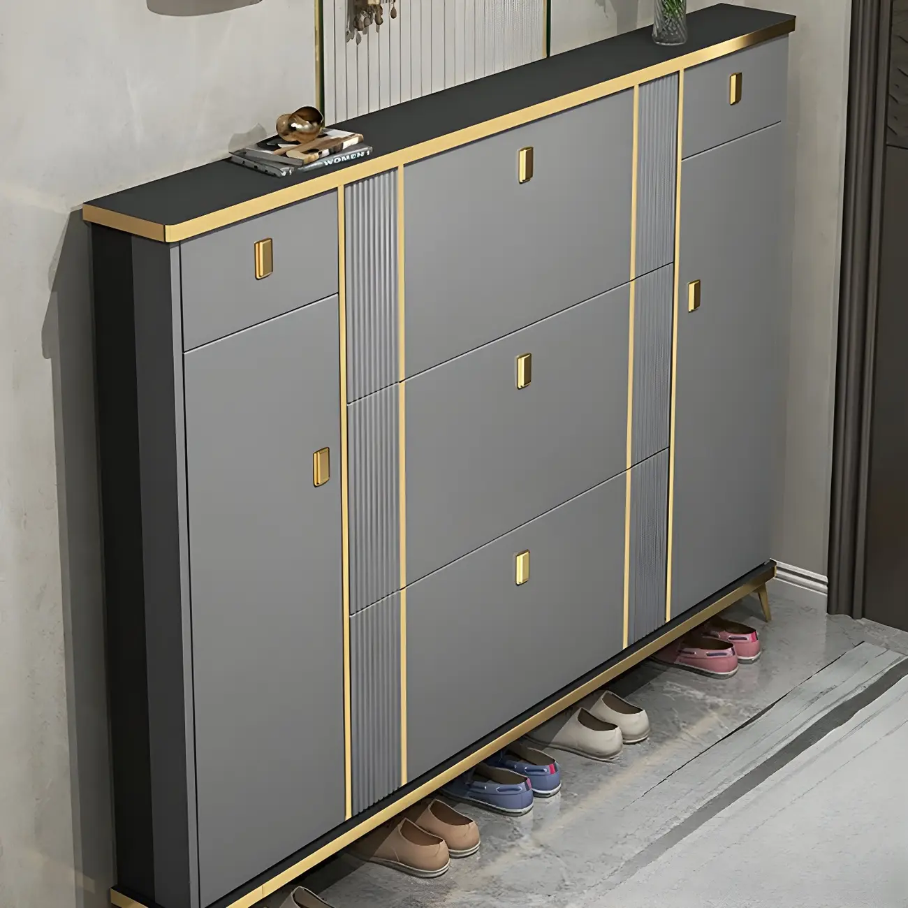 Large Entryway Grey Wooden Shoe Storage with Gold Trim Image - 18 | homeyfad