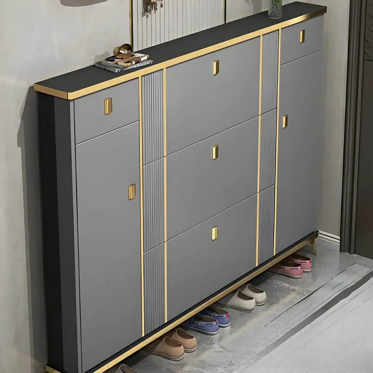 Large Entryway Grey Wooden Shoe Storage with Gold Trim Image - 18