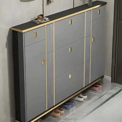 Large Entryway Grey Wooden Shoe Storage with Gold Trim Image - 18