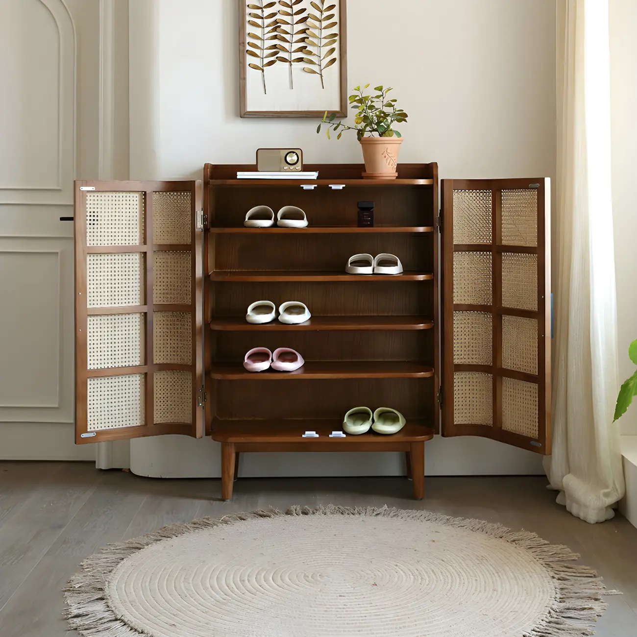 Bohemian 6-Tier Solid Wood Shoe Storage Cabinet with Door Image - 8 | homeyfad