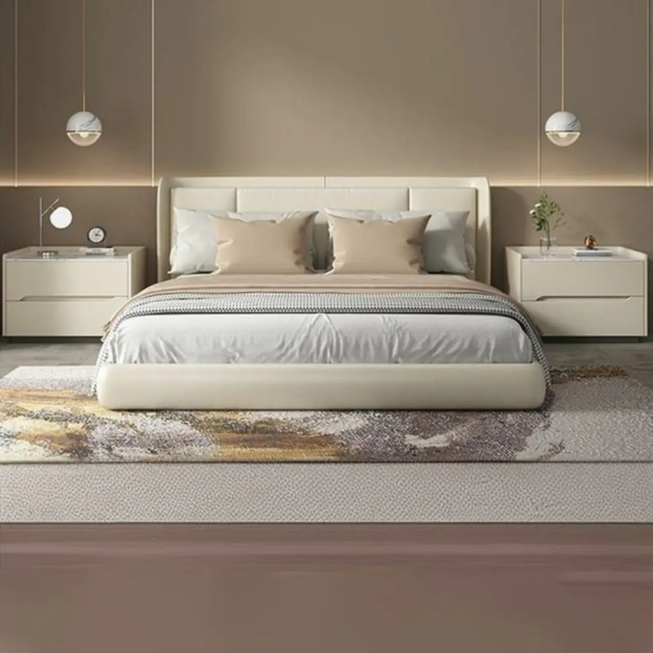 Modern Khaki Leather Stone Top 2-Drawer Nightstand Image - 10 | homeyfad