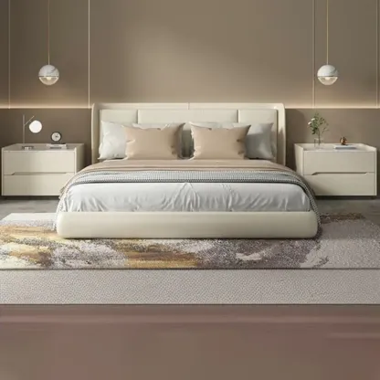 Modern Khaki Leather Stone Top 2-Drawer Nightstand Image - 10