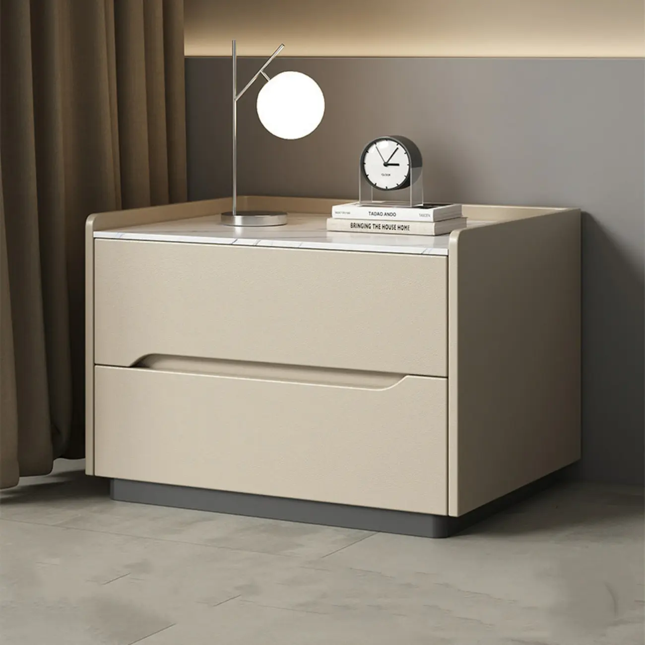 Modern Khaki Leather Stone Top 2-Drawer Nightstand Image - 1 | homeyfad