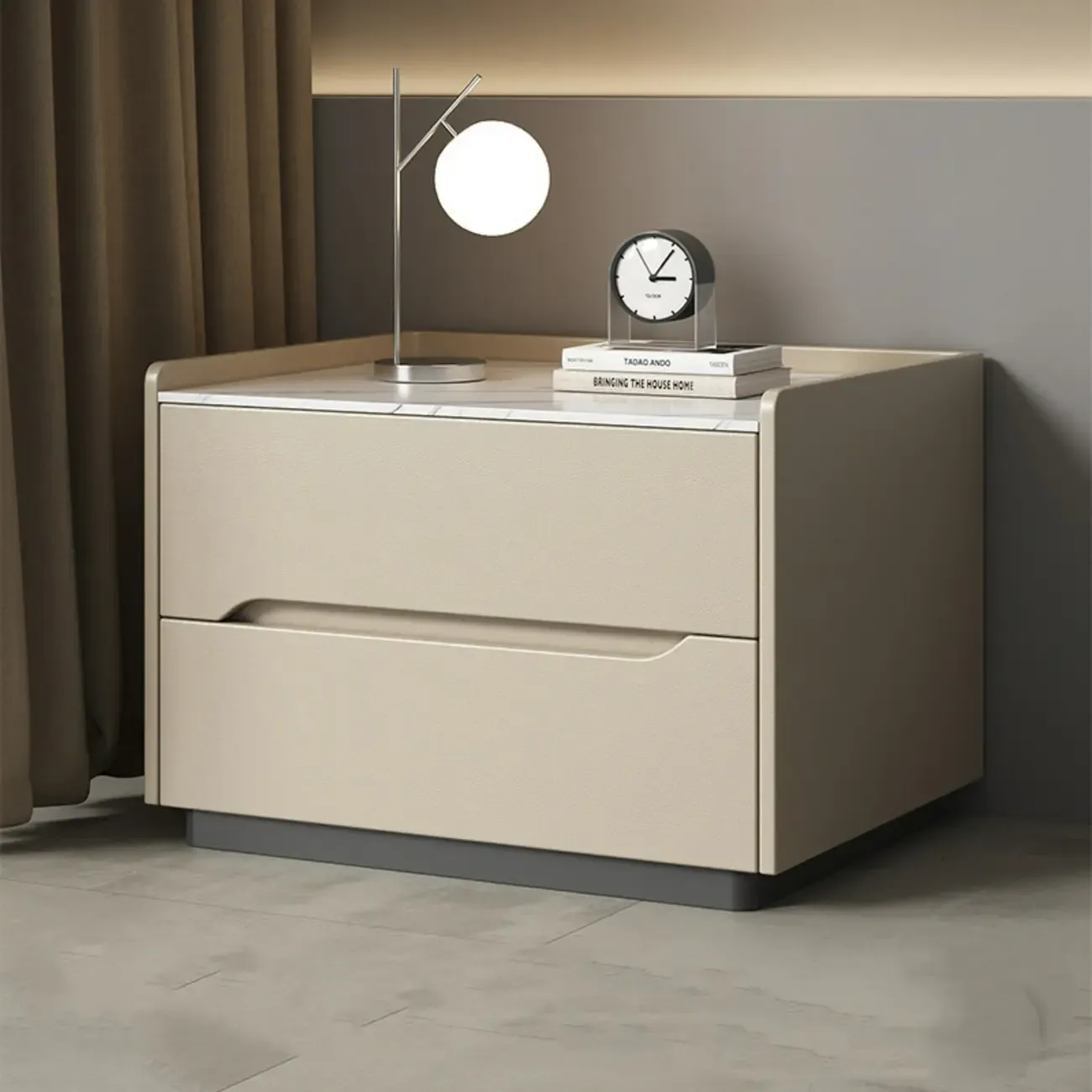 Modern Khaki Leather Stone Top 2-Drawer Nightstand Image - 1