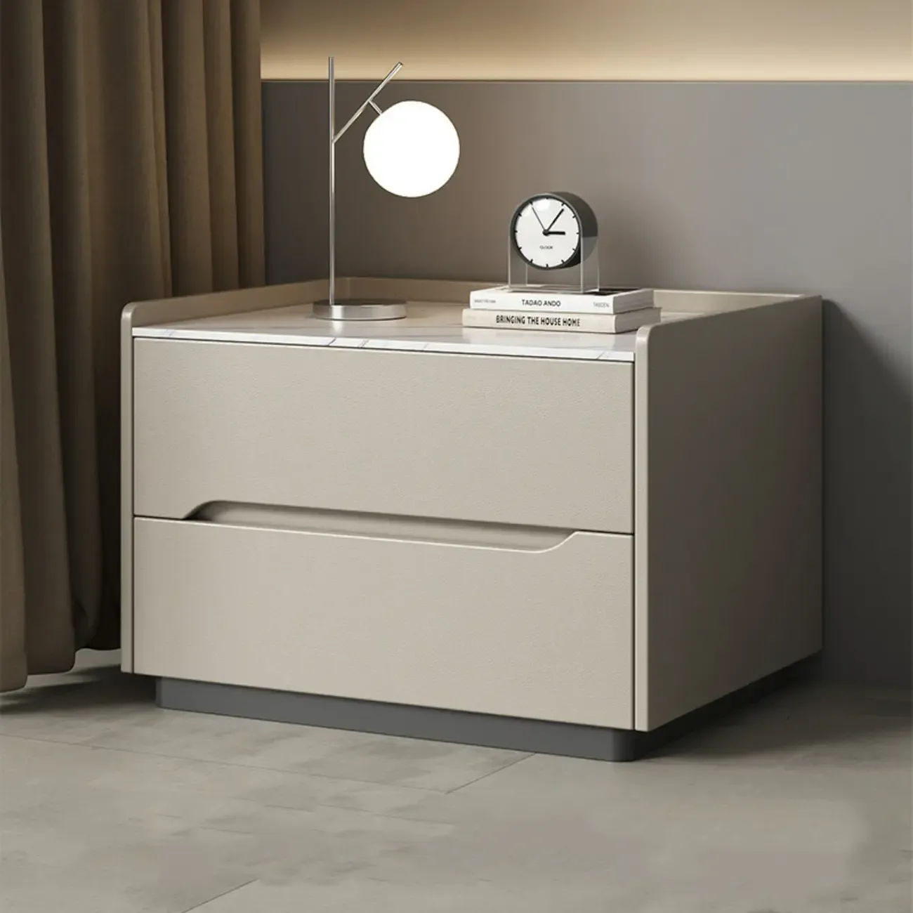 Modern Khaki Leather Stone Top 2-Drawer Nightstand Image - 5