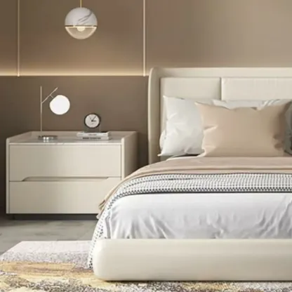 Modern Khaki Leather Stone Top 2-Drawer Nightstand Image - 11