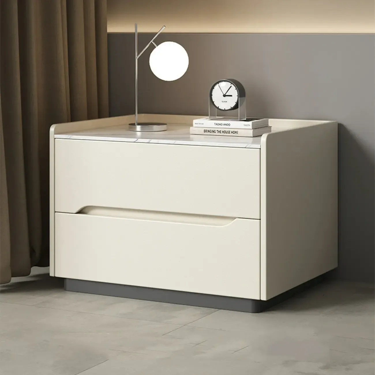 Modern Khaki Leather Stone Top 2-Drawer Nightstand Image - 4