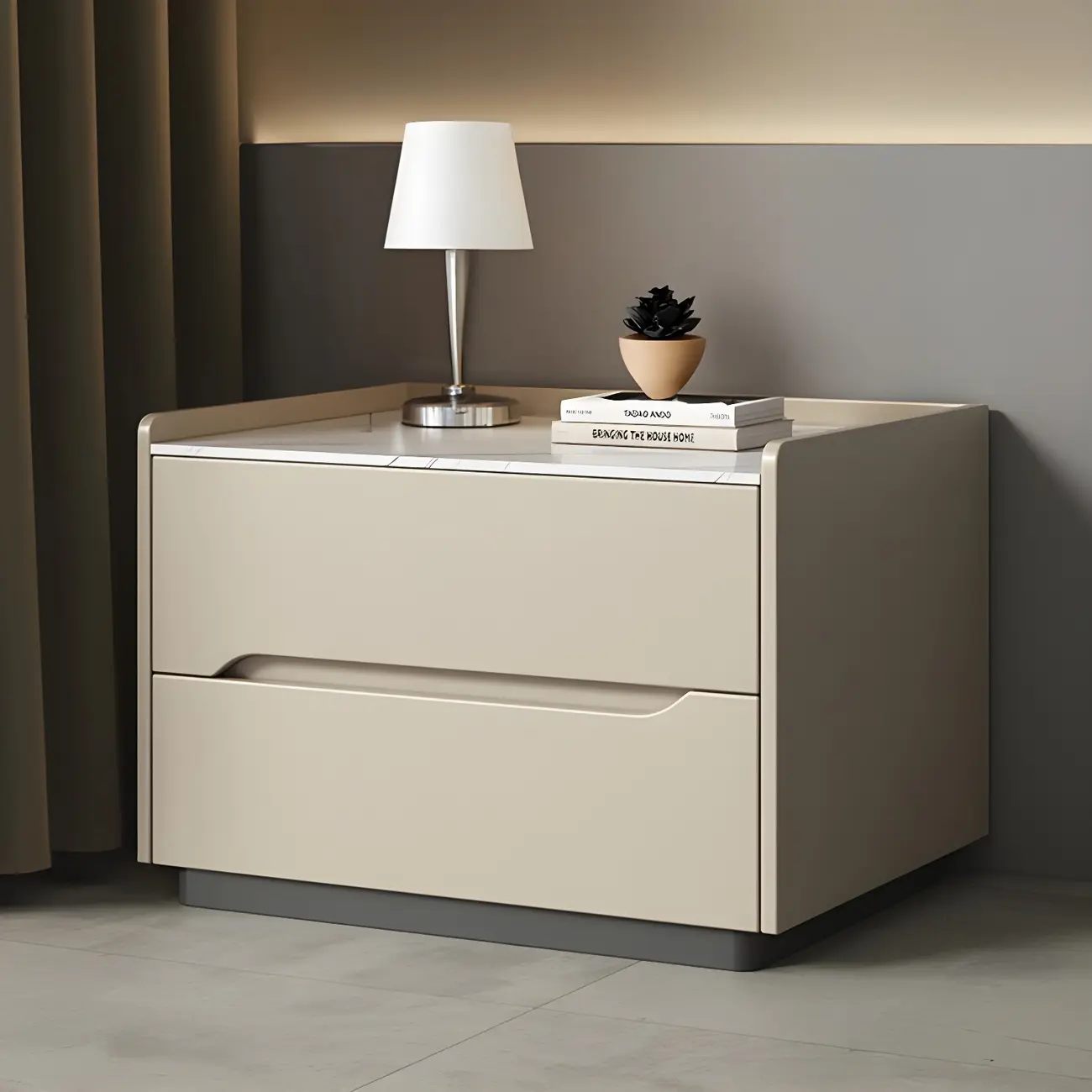 Modern Khaki Leather Stone Top 2-Drawer Nightstand Image - 6 | homeyfad