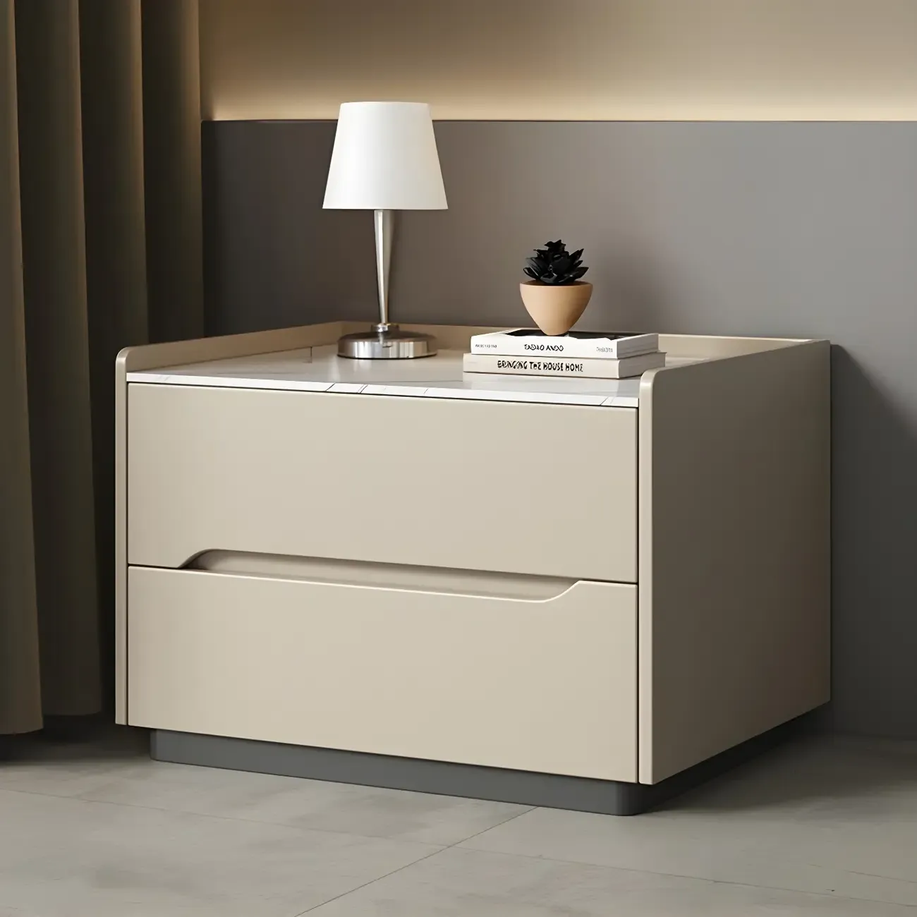 Modern Khaki Leather Stone Top 2-Drawer Nightstand Image - 6