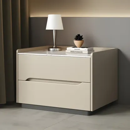 Modern Khaki Leather Stone Top 2-Drawer Nightstand Image - 6