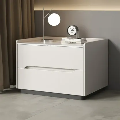 Modern Khaki Leather Stone Top 2-Drawer Nightstand Image - 2