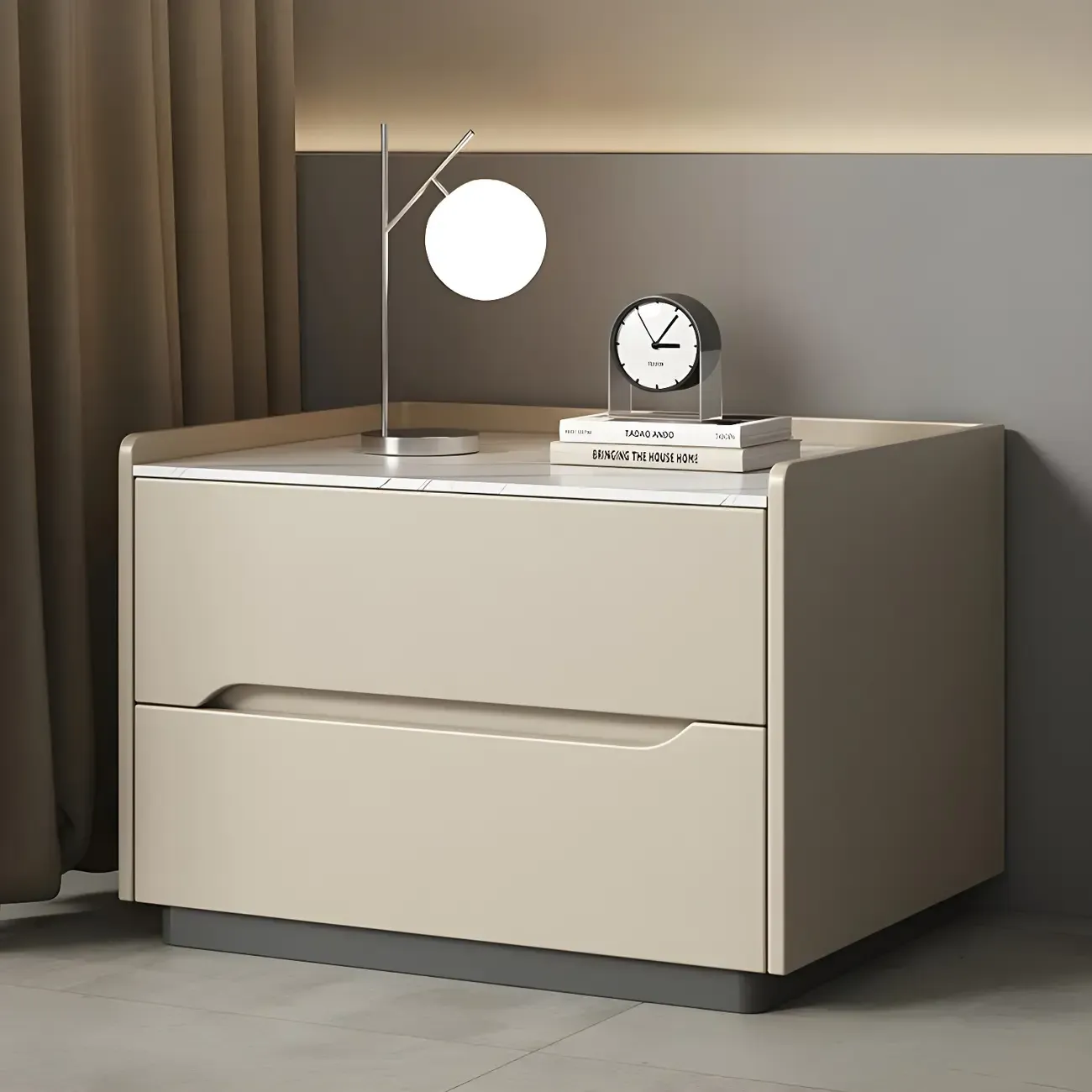 Modern Khaki Leather Stone Top 2-Drawer Nightstand Image - 7