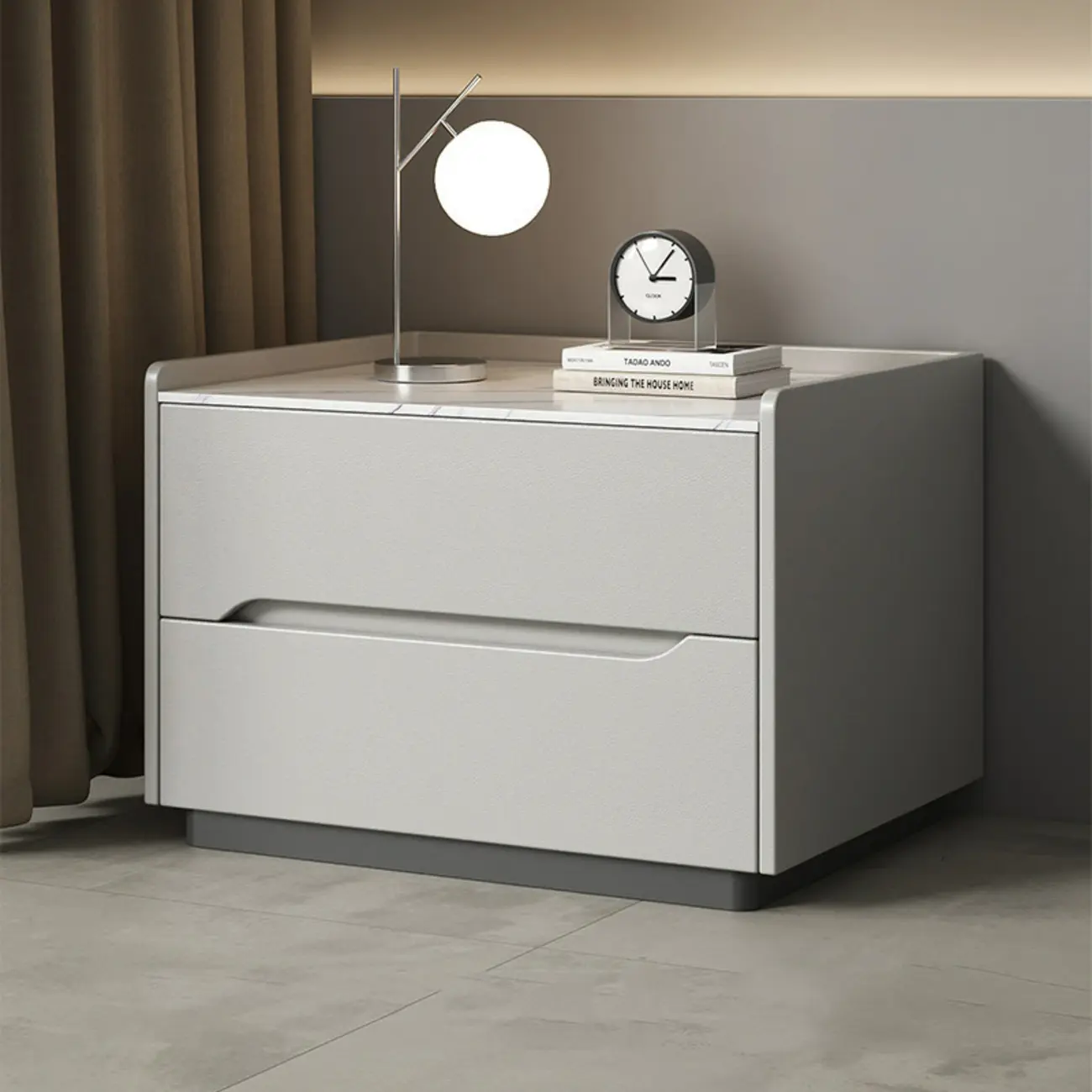 Modern Khaki Leather Stone Top 2-Drawer Nightstand Image - 8 | homeyfad