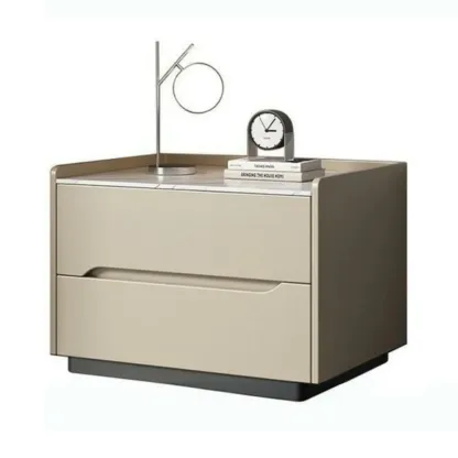 Modern Khaki Leather Stone Top 2-Drawer Nightstand Image - 9