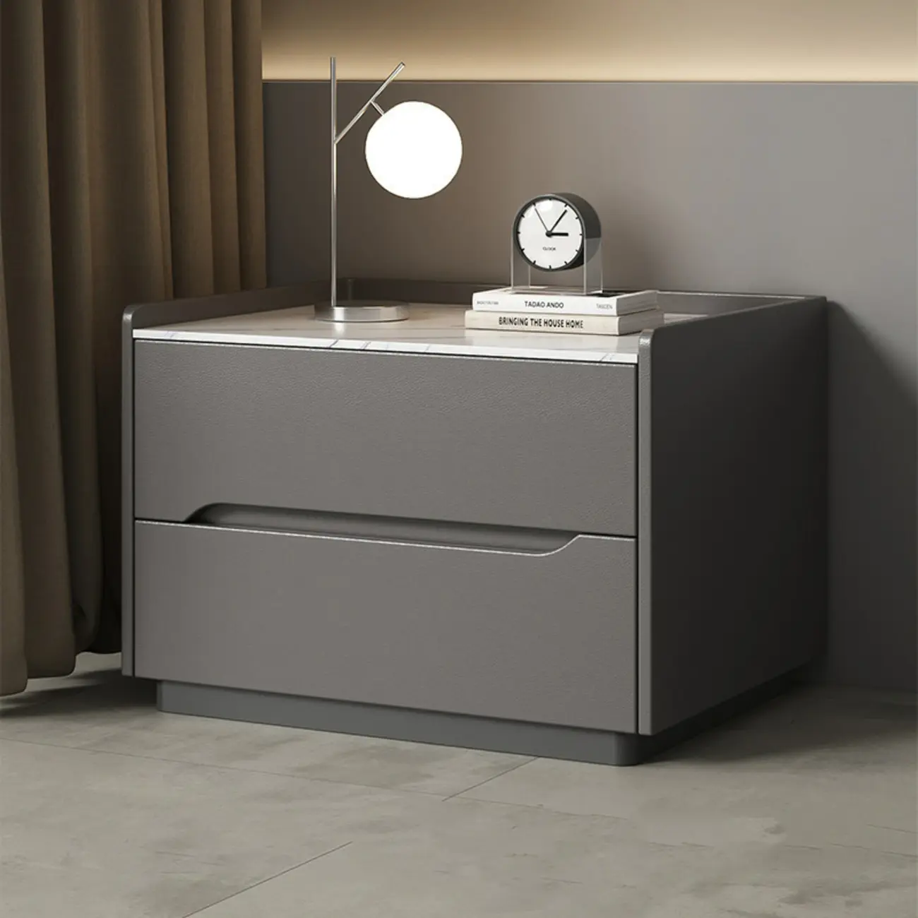Modern Khaki Leather Stone Top 2-Drawer Nightstand Image - 3 | homeyfad