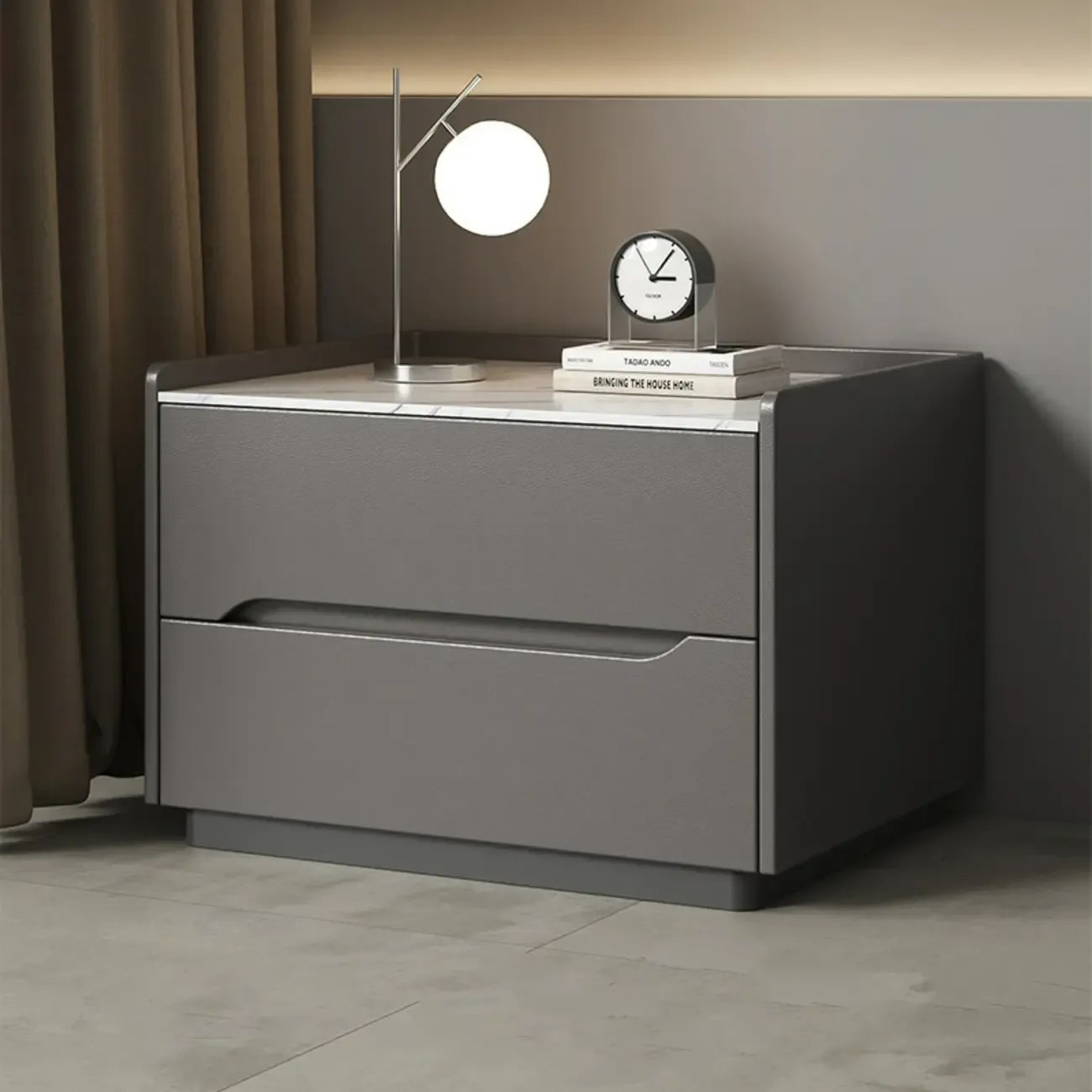 Modern Khaki Leather Stone Top 2-Drawer Nightstand Image - 3