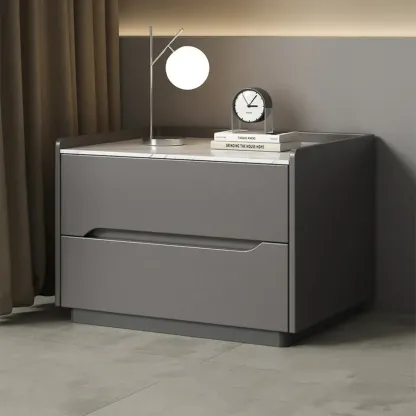 Modern Khaki Leather Stone Top 2-Drawer Nightstand Image - 3
