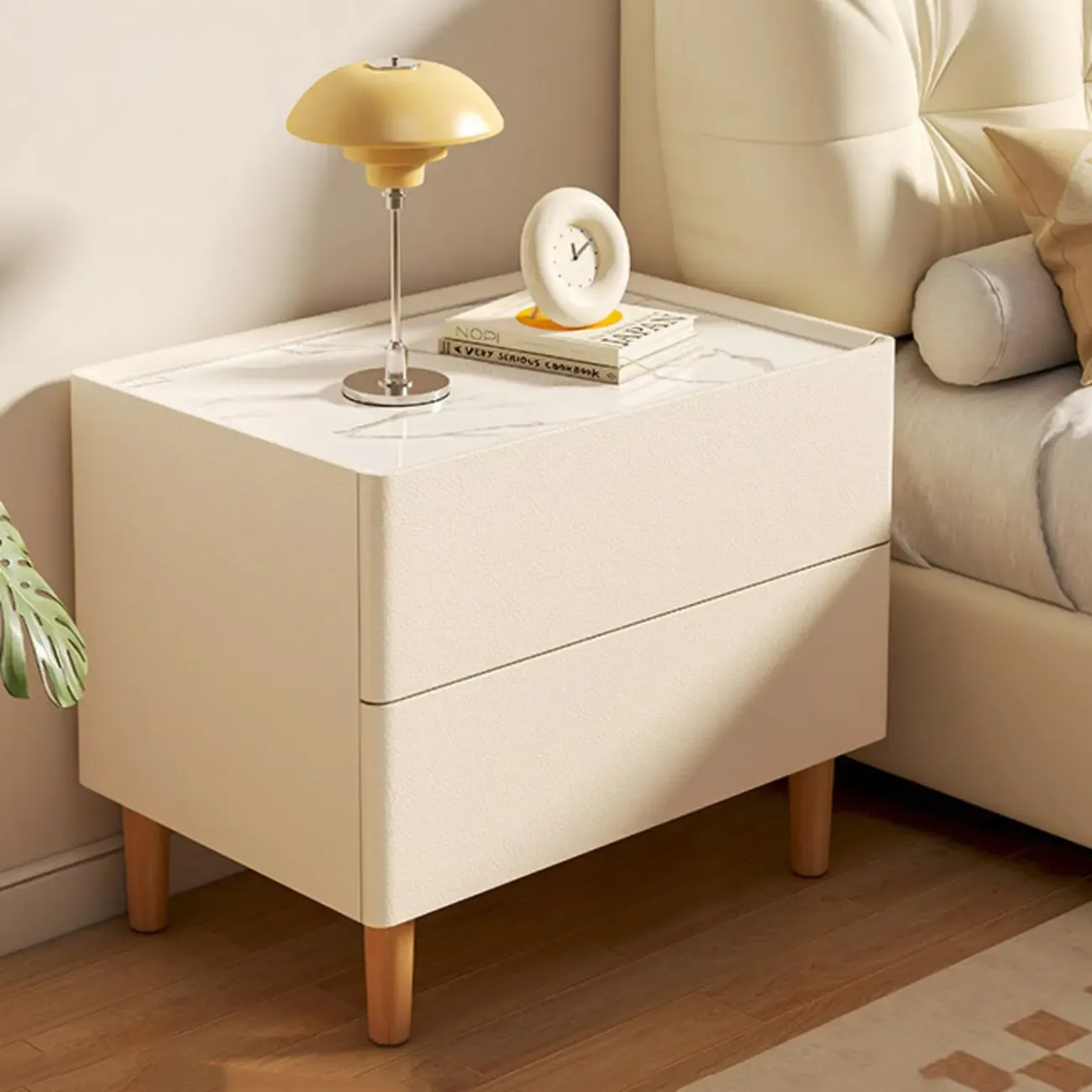 Modern Dark Gray Leather Stone Top 2-Drawer Nightstand Image - 4