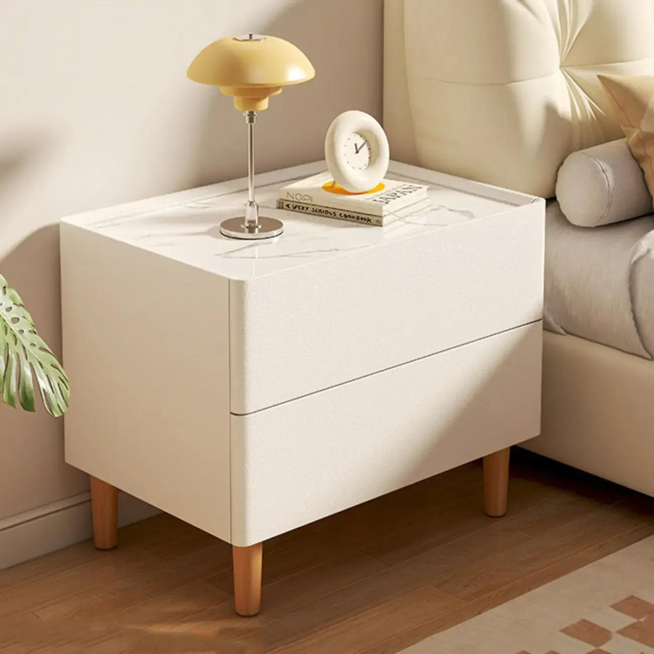 Modern Dark Gray Leather Stone Top 2-Drawer Nightstand Image - 5