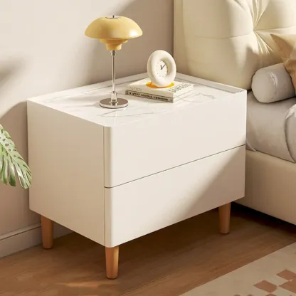 Modern Dark Gray Leather Stone Top 2-Drawer Nightstand Image - 5