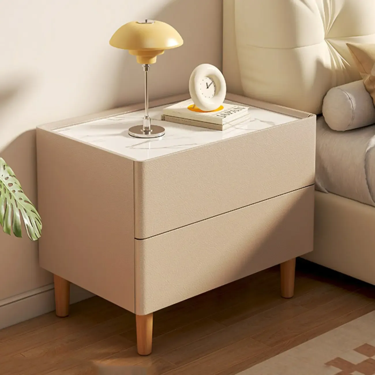 Modern Dark Gray Leather Stone Top 2-Drawer Nightstand Image - 3