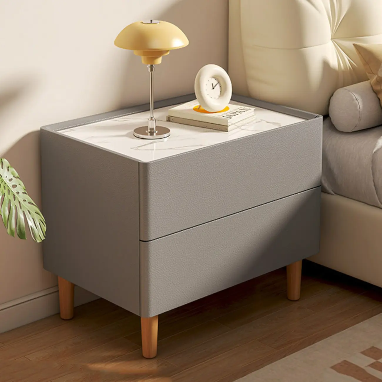 Modern Dark Gray Leather Stone Top 2-Drawer Nightstand Image - 2 | homeyfad