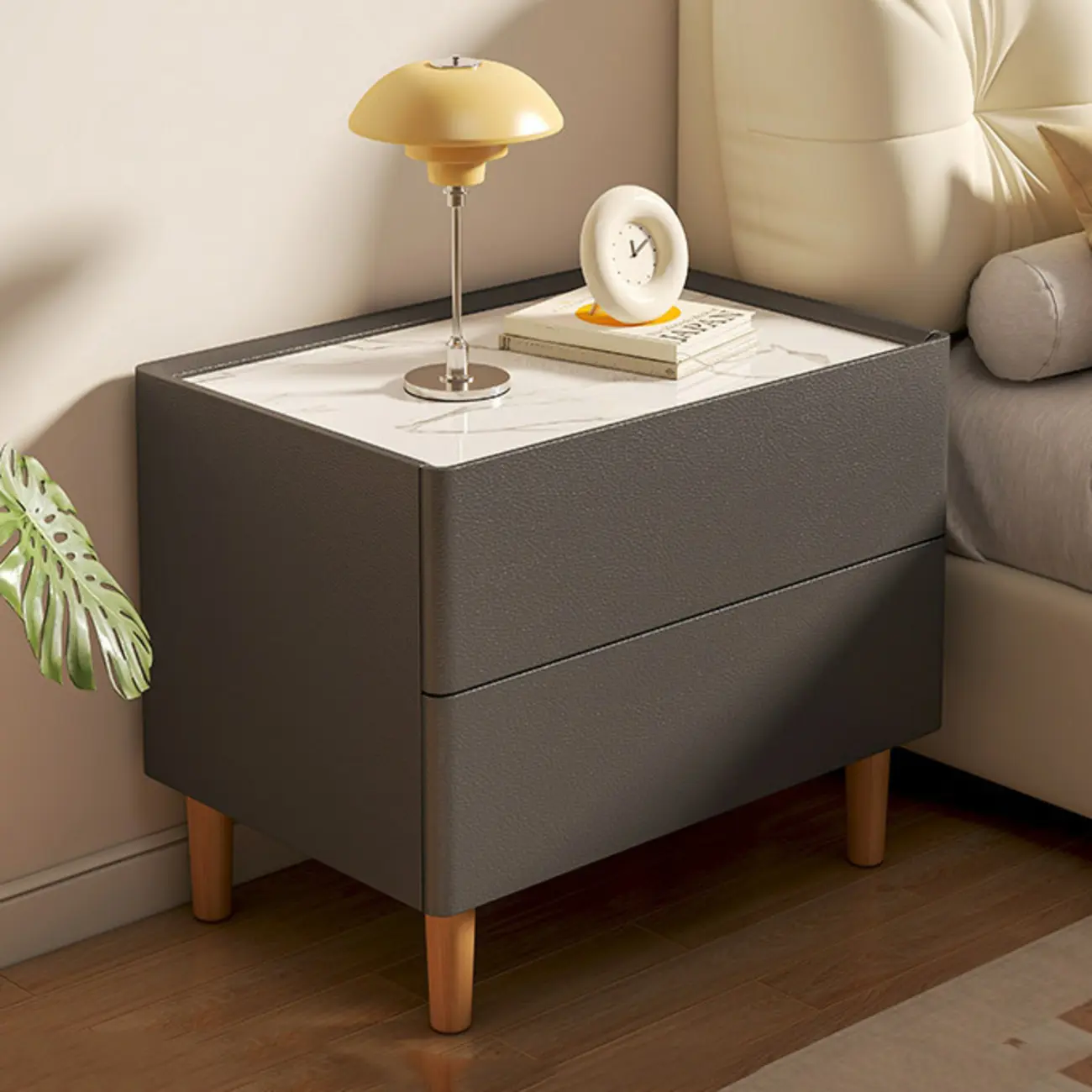 Modern Dark Gray Leather Stone Top 2-Drawer Nightstand Image - 1 | homeyfad
