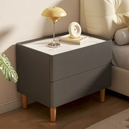 Modern Dark Gray Leather Stone Top 2-Drawer Nightstand Image - 1