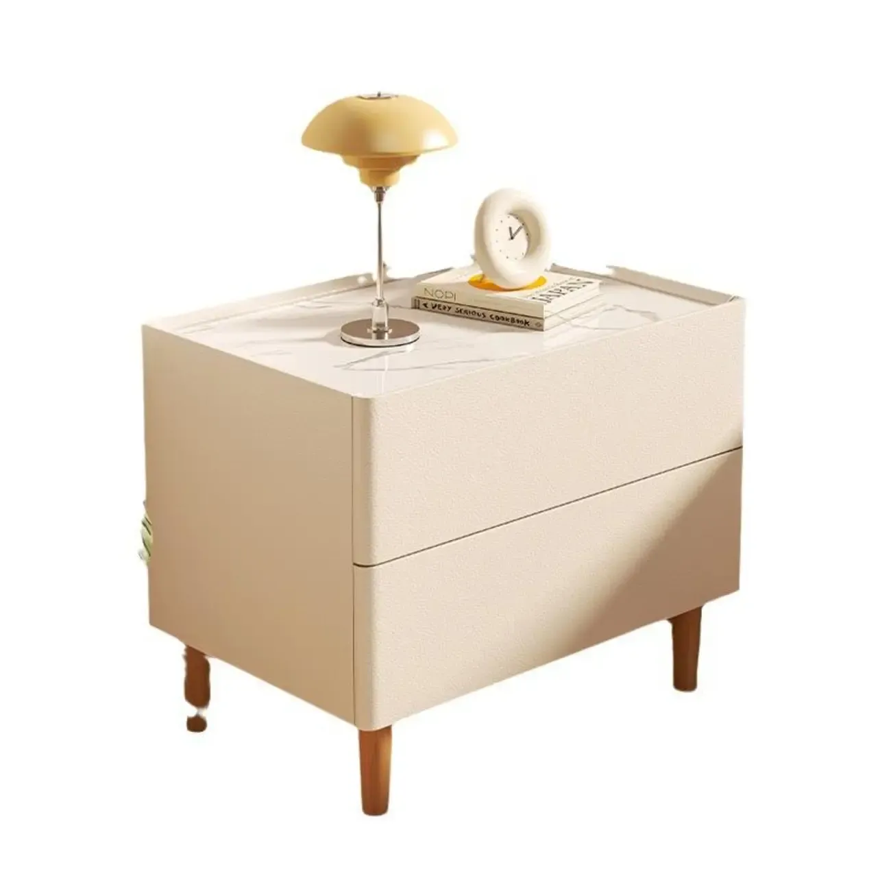 Modern Dark Gray Leather Stone Top 2-Drawer Nightstand Image - 6