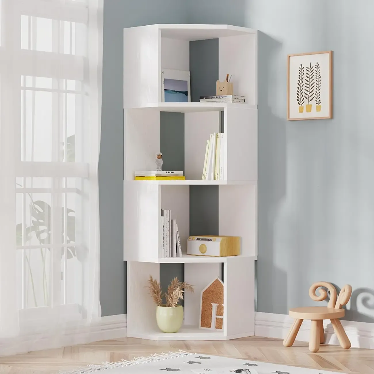 Modern 7-Shelf White Wood Corner Bookcase Image - 3
