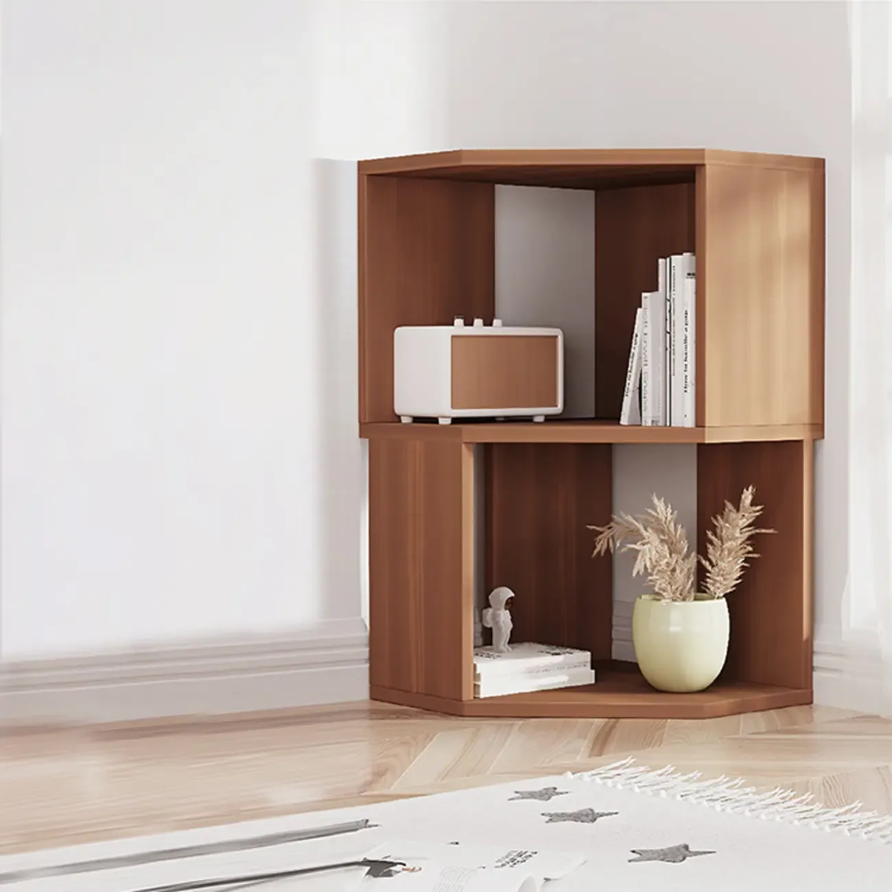 Modern 7-Shelf White Wood Corner Bookcase Image - 6