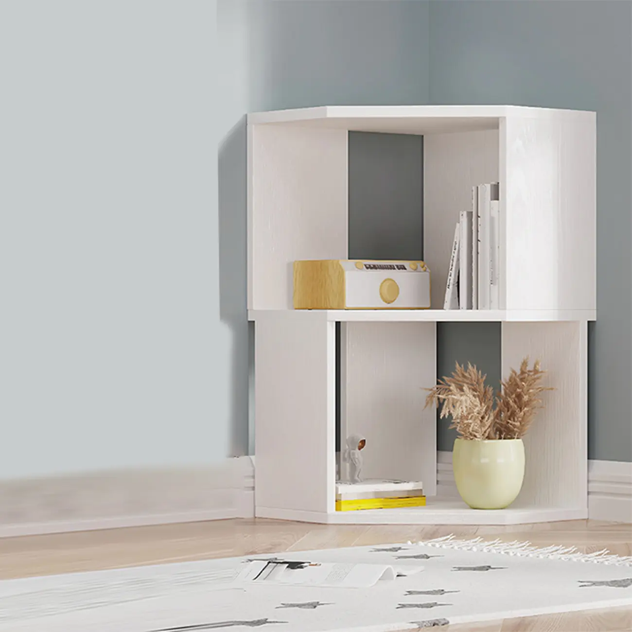 Modern 7-Shelf White Wood Corner Bookcase Image - 7 | homeyfad