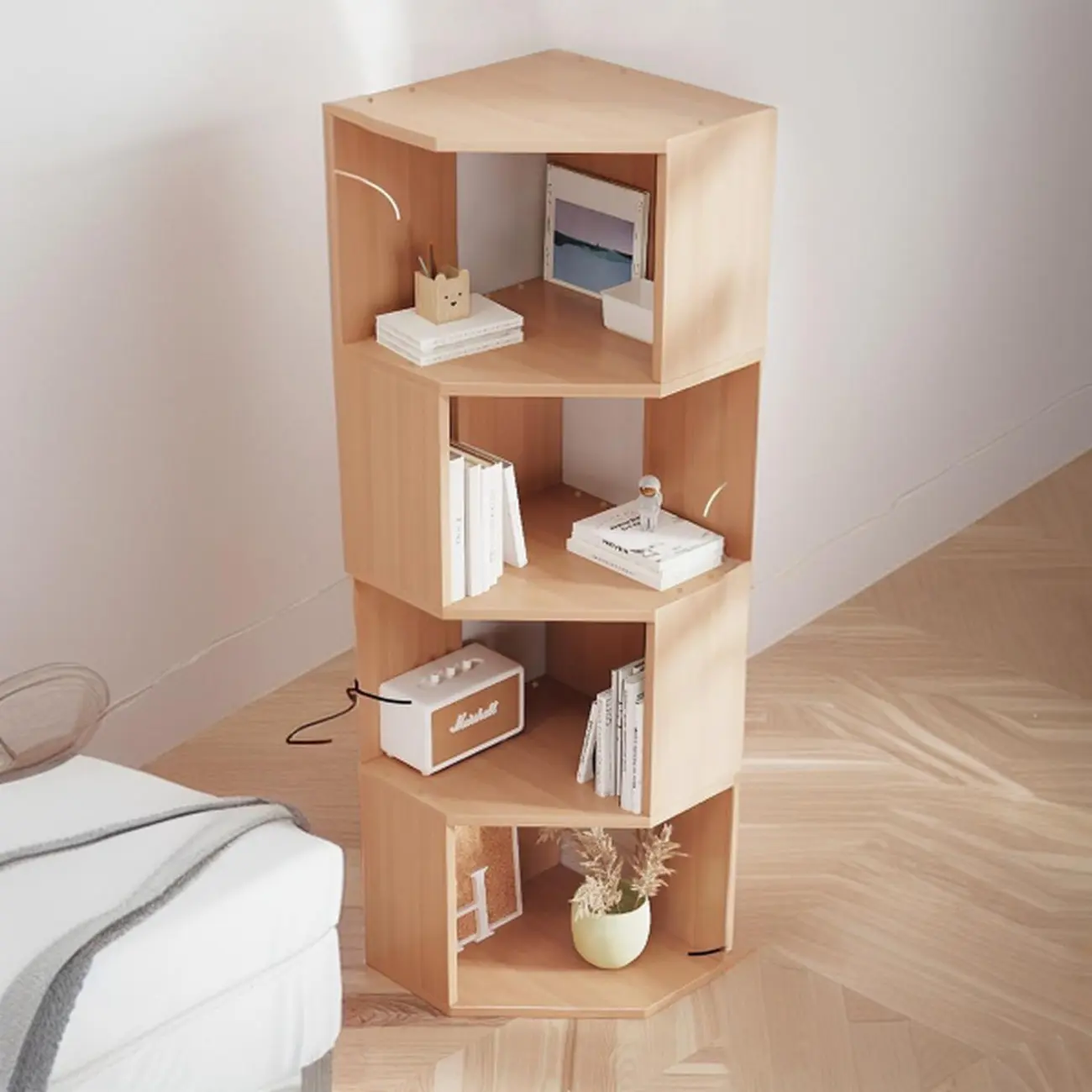 Modern 7-Shelf White Wood Corner Bookcase Image - 8 | homeyfad