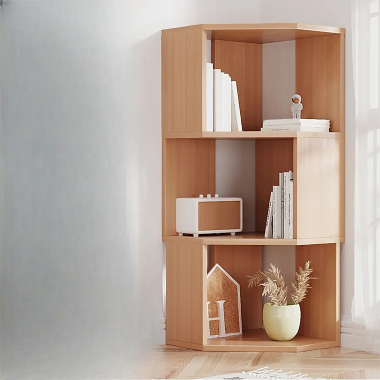Modern 7-Shelf White Wood Corner Bookcase Image - 9 | homeyfad