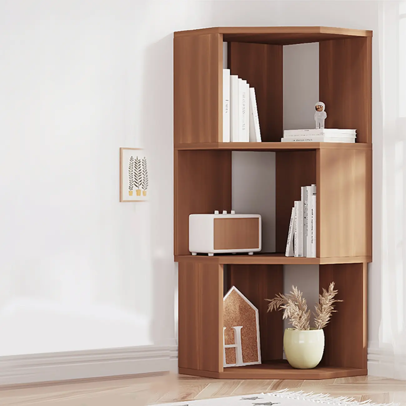 Modern 7-Shelf White Wood Corner Bookcase Image - 12 | homeyfad