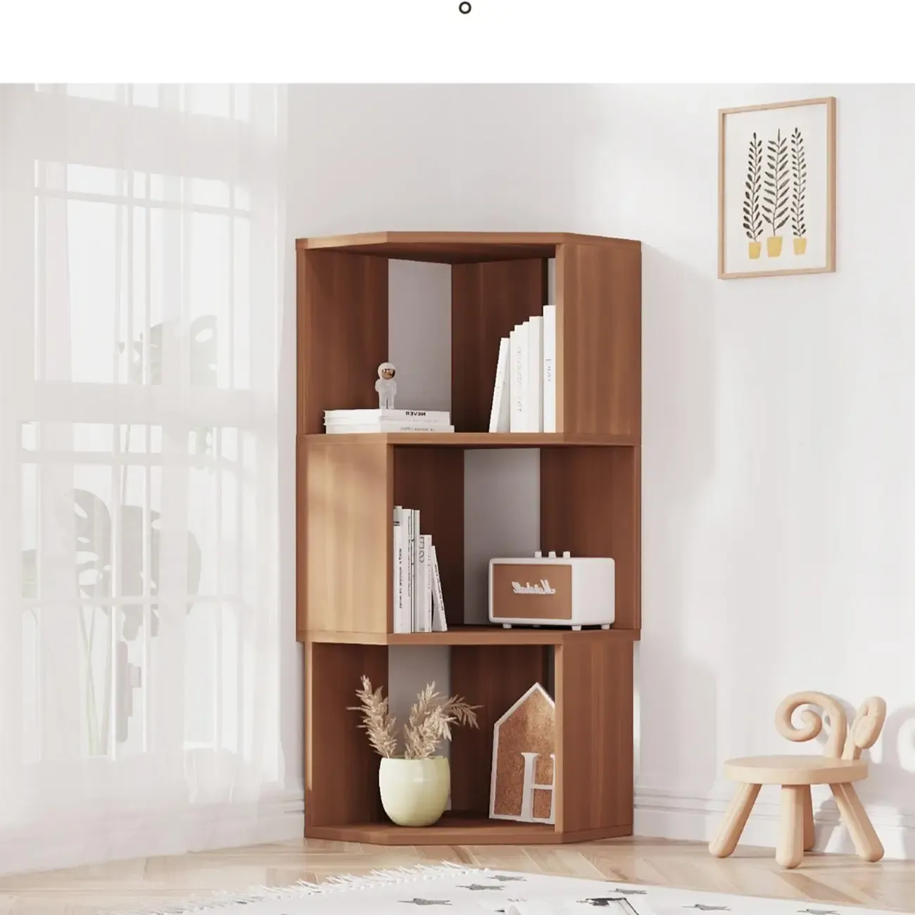Modern 7-Shelf White Wood Corner Bookcase Image - 13