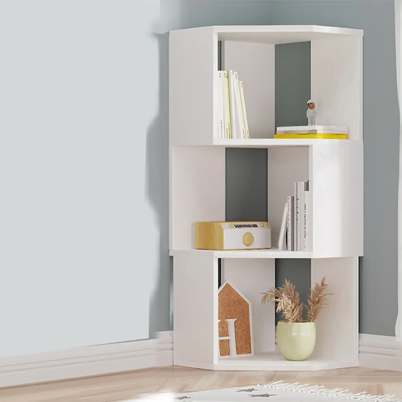 Modern 7-Shelf White Wood Corner Bookcase Image - 14