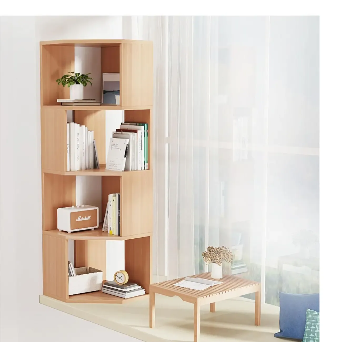 Modern 7-Shelf White Wood Corner Bookcase Image - 15